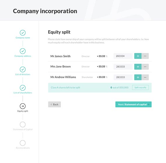 Example of a company incorporation screen