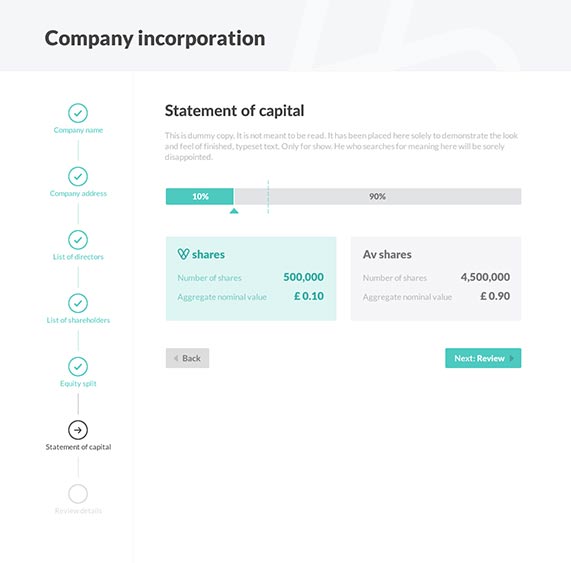 Example of a company incorporation screen