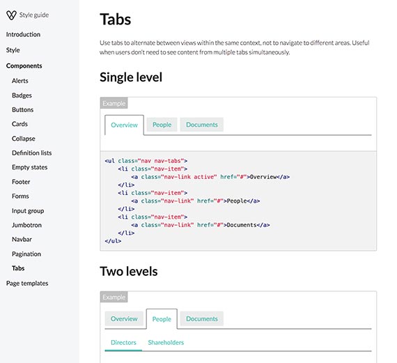 Example of a component page on the style guide
